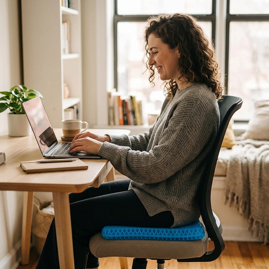 Komfy — Lifestyle, au bureau avec le coussin gel sur la chaise