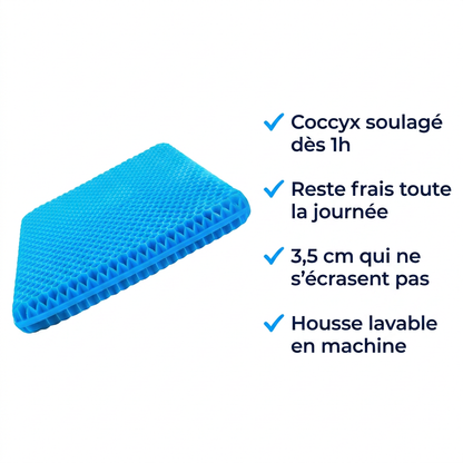 Komfy — Bénéfices : coccyx soulagé, frais, gel qui tient, housse lavable